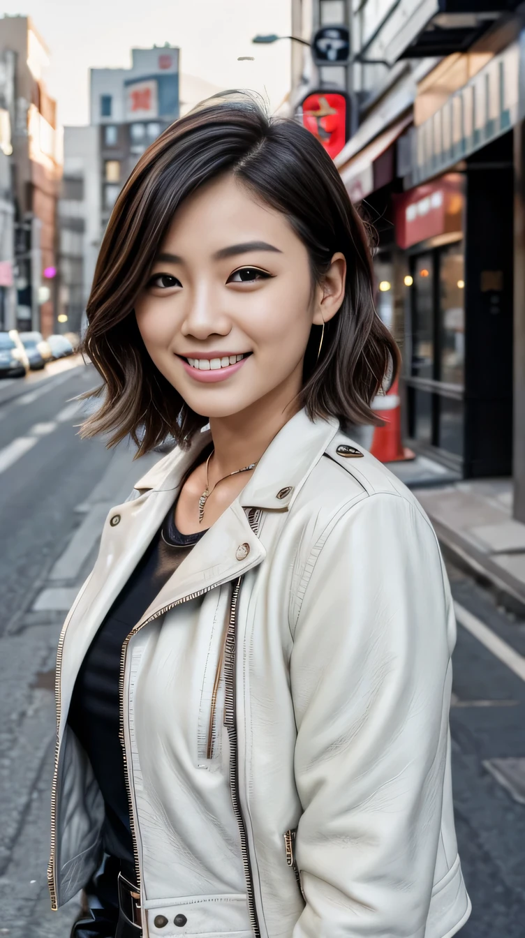Super Resolution、Beautiful Japanese Women、、short hair、Wavy Hair、、ear piercing、necklace、leather jacket、shirt、smile、Beautiful teeth alignment、The background is a city street