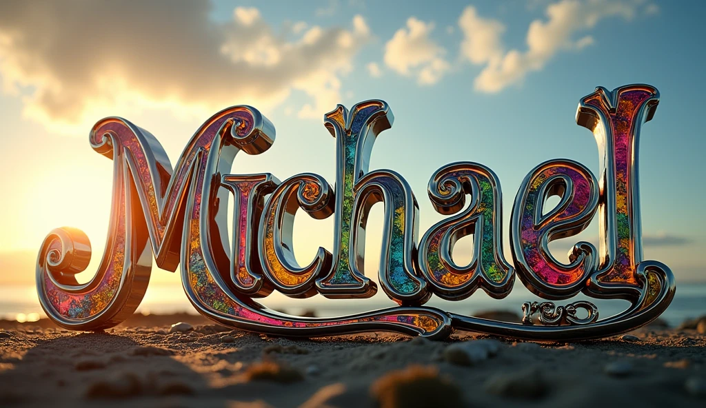 (text:"Michael") The word, lit text face, in Art Nouveau fancy script text in shiny highly polished silver chrome and coloured glass reflecting a tropical garden, direct front lit by very bright sun, heavy metal art nouveau flowing shapes and flourishes, front face view on open sky background, highlights, lens flare, logo, badge, emblem, insignia, label, photorealistic, extremely detailed, beautiful, unique, epic, cinematic, sparkling, creative, artistic, artisan, expert, finesse,