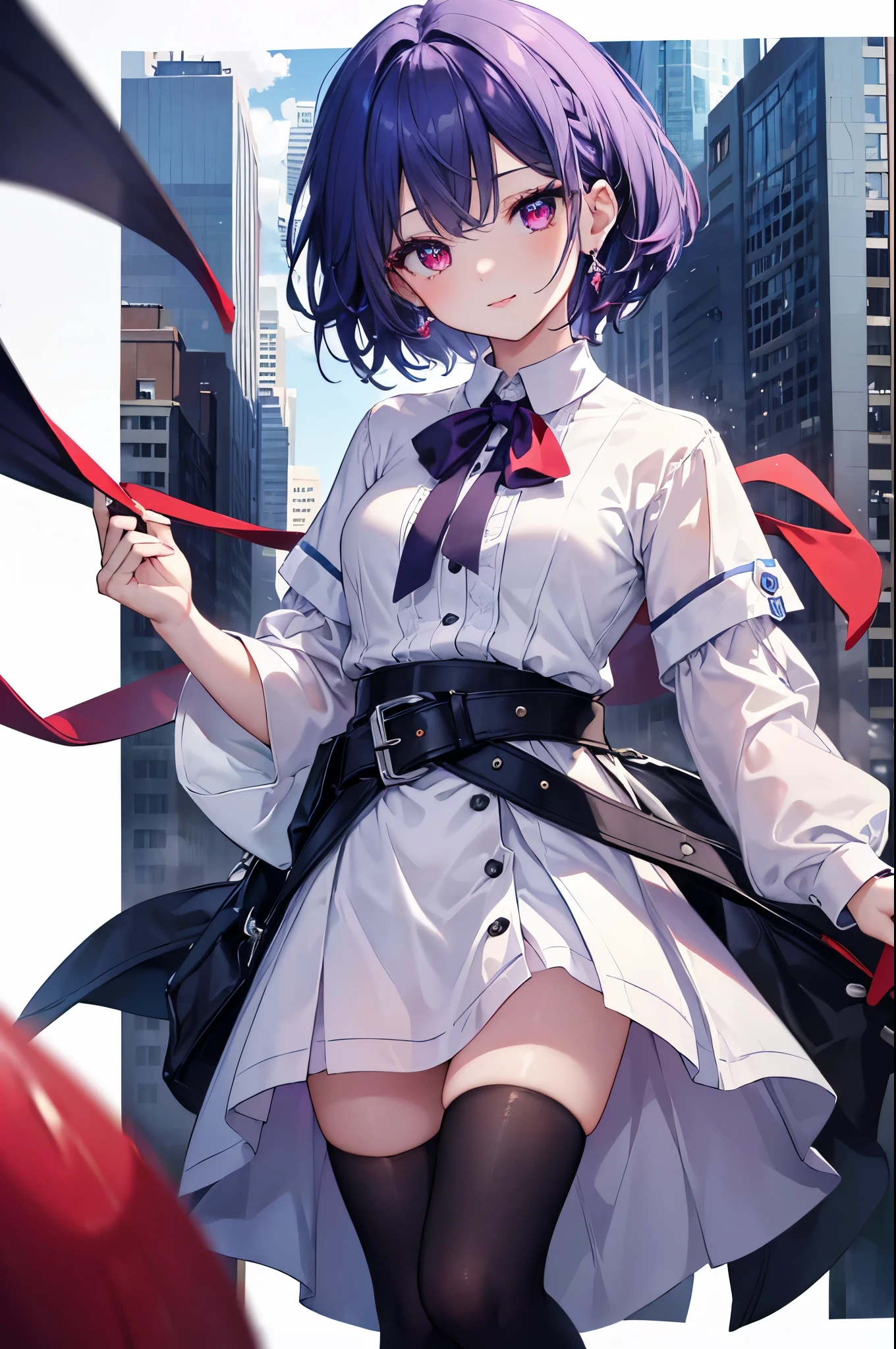 {{masterpiece}}, The best quality of life, 超High resolution, Attention to detail, high quality, High resolution, 最high quality, 4K, 8k,Attention to detail,((short indigo hair、Deep blue short hair)Braided Hair) 、 Cute female, 、One woman、(((Crimson Eyes、Red eyes、Red eyes、Beautiful attention to detail,Beautiful lip detail,A woman with beautiful eyes)))、Expressionless adult woman、((White background))、small but well-shaped breasts,、(((Light purple shirt dress、Black knee-high socks、There is a belt around the waist)))、smile、smile、Small earrings