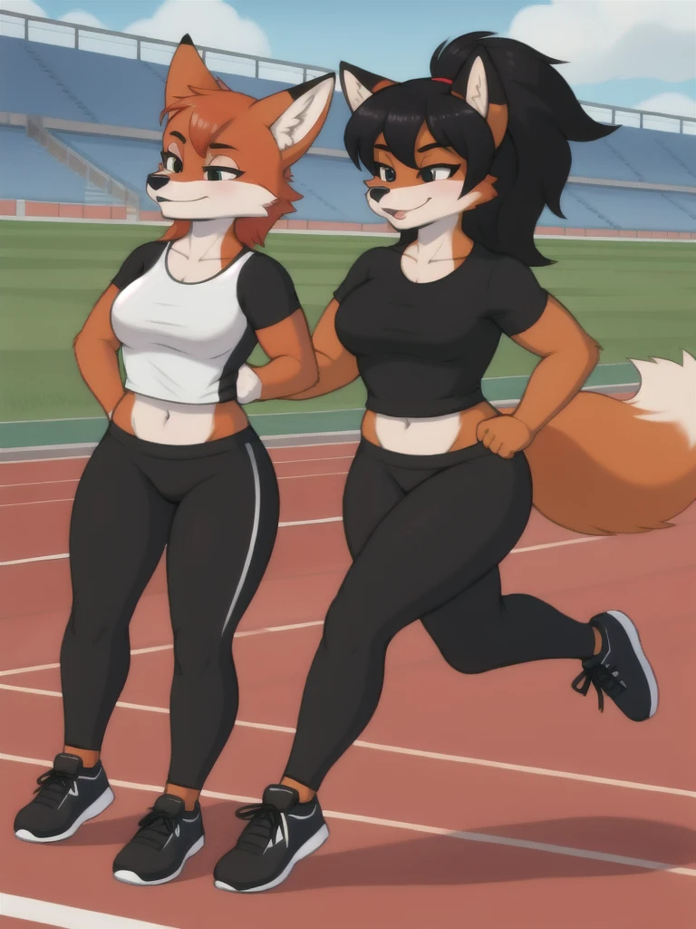 Furry, fox, female, black shirt, black leggings, shoes, running track, friends, full body