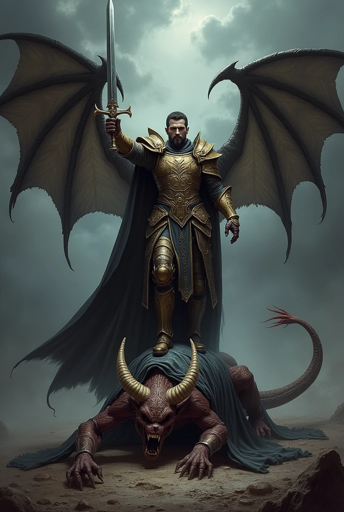 
Imagine San Miguel with armor and a sword, stepping on a demon in a dark, hyperrealistic background with clouds. The demon has very real and beautiful wings.