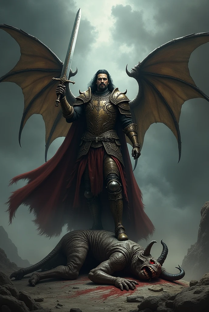 
Imagine San Miguel with armor and a sword, stepping on a demon in a dark, hyperrealistic background with clouds. The demon has very real and beautiful wings.