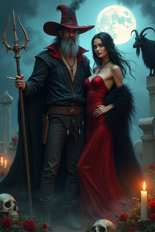 man, barba, black and red old hat, clothes bench, black cape, smile, risa, smiling, bright blue eyes, calaveras, cemetery, candles, trident , black feathers, Bones, beautiful woman, black fur, corona, red cape, sexy red and black dress, rose, Cigarettes, both SMILE , Storm, wind , full moon, black goat
