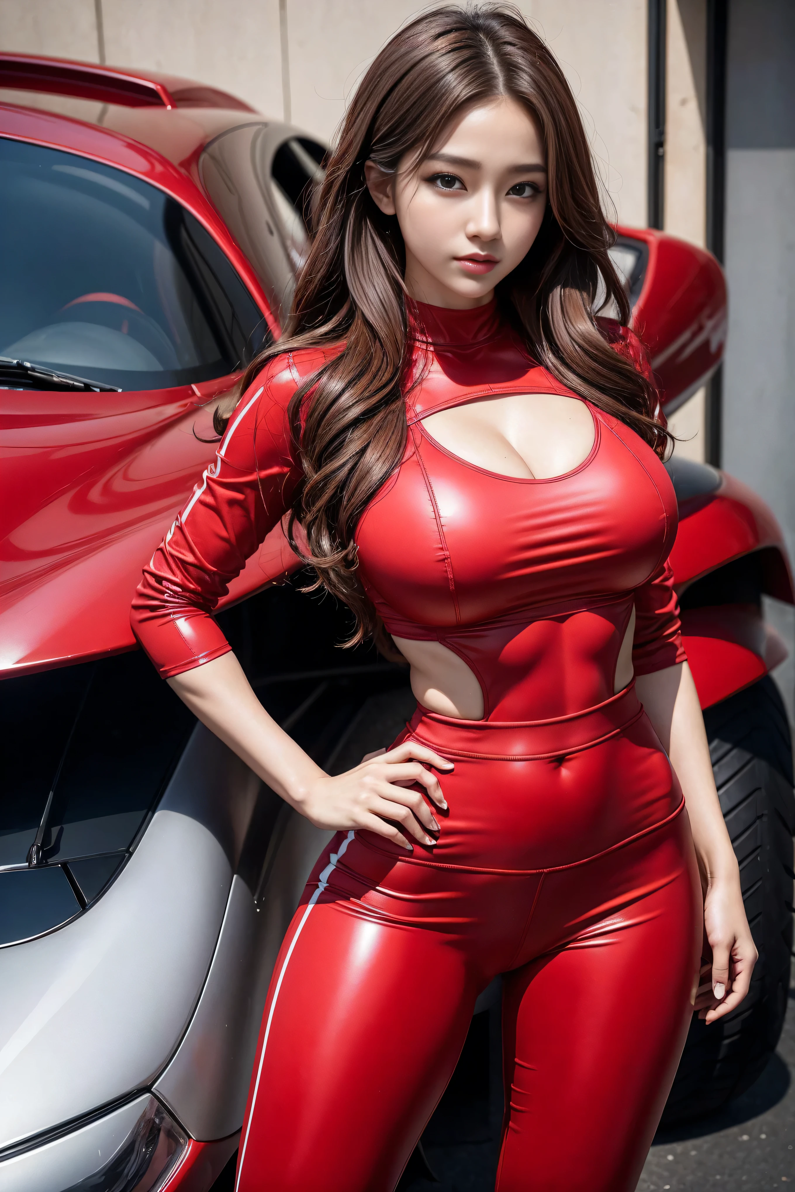 High Detail, wear (Tight shirt:1.2), Beautiful Korean girl, Korean pop idol，Beautiful and delicate face, Hazel eyes, (Attractive fitness woman:1.3), (Tempting:1.1), (blush:1.1), Hourglass figure, Shiny aerobic red latex leggings, Big and round breasts，Brown curly hair，Standing in front of a red racing car，Monza Circuit