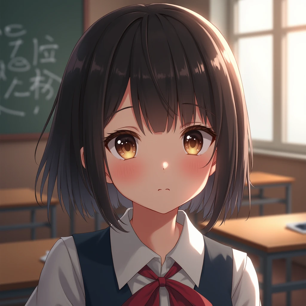 best quality, face focus, soft light, ultra high res, (photorealistic:1.4), RAW photo, 1japanese girl, solo, cute, (shy smile:0.5), (brown eyes, lights in the eyes), detailed beautiful face, (small chest),(high resolution detail of humaorealistic:1.4), RAW photo, 1japanese girl, solo, cute, (shy smile:0.5), (brown eyes, lights in the eyes), detailed beautiful face, (small chest),(high resolution detail of human skin texture), (short bob hair), BREAK, in classroom,navy school uniform, vest, skirt