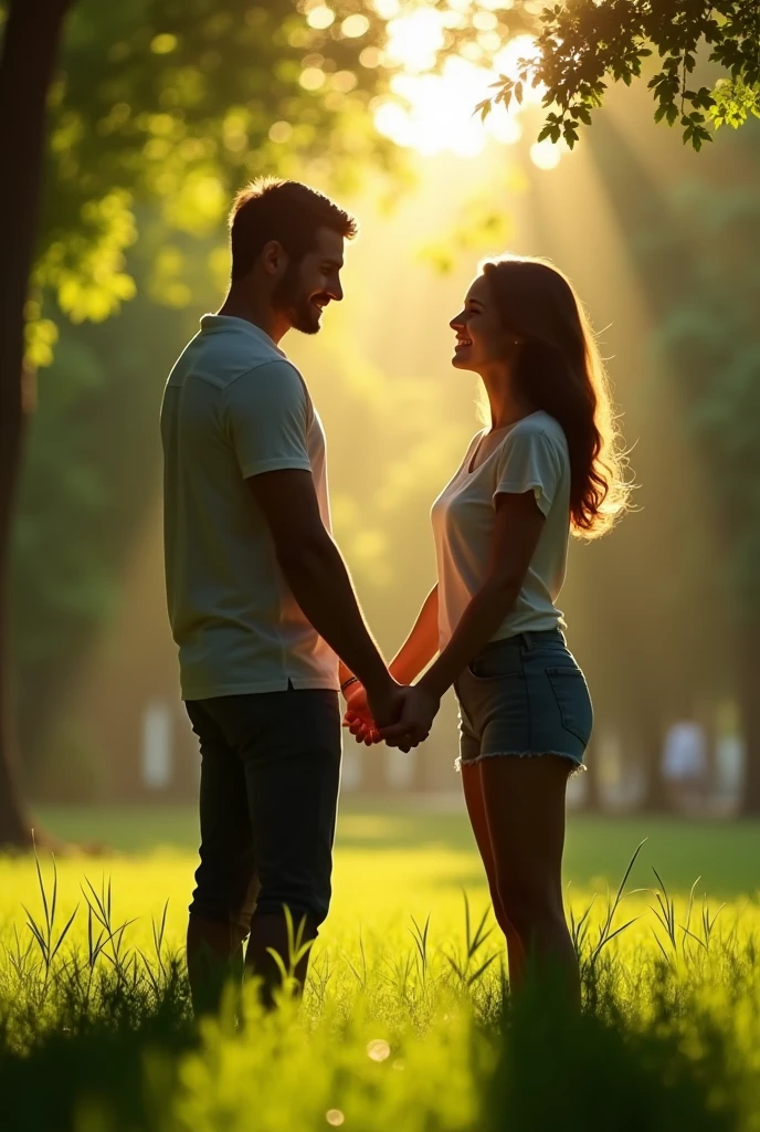 Daytime、A silhouette of a white couple holding hands in a grassy park.、Close up hands、Short sleeve