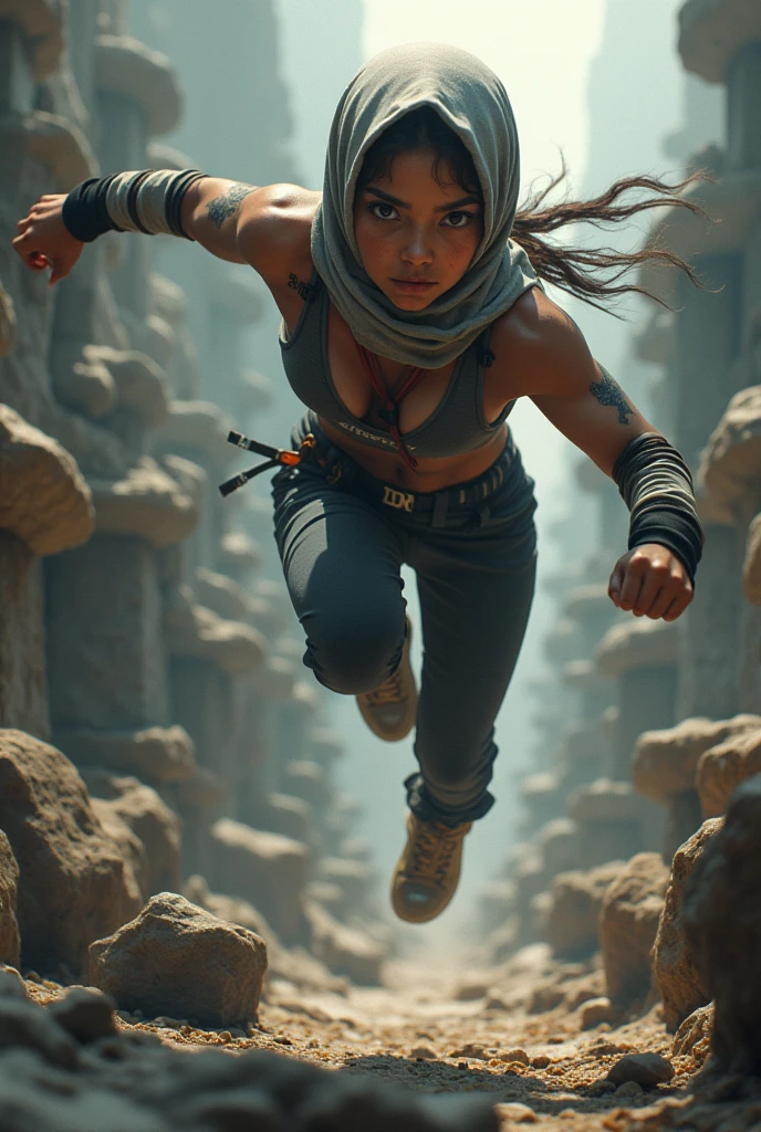 Set the scene in a gritty, stone environment. The Malay girl, adorned in a sporty hijab and sports bra, engages in an exhilarating parkour challenge, leaping between platforms, vaulting over obstacles, and showcasing her agility. Capture the raw energy and determination in her expression