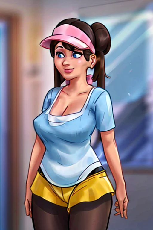 work of art, best qualityer, high resolution, ro1, hair bun, blue colored eyes, twintails, visor cap, pantyhose, Ragla sleeves, yellow shorts, chemise, pink bow, wristwatch, standing, cowboy shot, fild, Pokeball \(basic\), ssmile