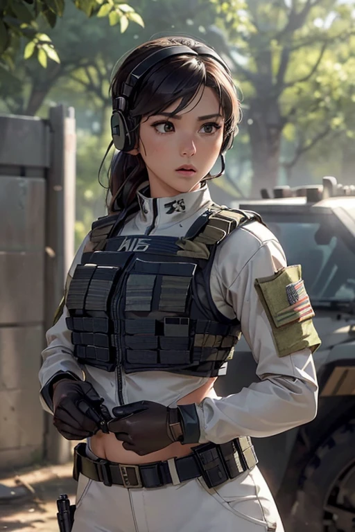 ((With a rifle、A woman in white clothes wearing headphones)), 24-year-old female, Filipina woman, Sun-kissed bronze skin, Soldier Girl, mechanized Soldier Girl, Military Girl, Beautiful female soldier, Female protagonist, Infantry Girl, Sniper girl in war, Female solo character, Future Combat Gear, Close-up shot of half body, ((A woman wearing a cropped military bulletproof vest)), (Showing your belly button), Quiet from Metal Gear Solid V, Wearing tactical gear, Dressed in tactical armor, (sighting rifle)