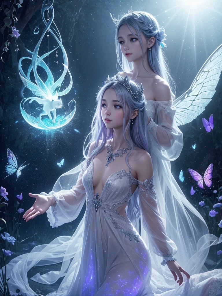The picture, that you describe, can represent a profound and fascinating visualization of a soul. Here is a detailed description for a matching image:
**backdrop:**
- A mystical, almost ethereal landscape, that represents a magical in-between world. Gentle colors like blue, Purple and silver to show this world, with light light reflections and twinkling stars.
**Central figure:**
- A female figure, that moves in this magical world. Her skin could be slightly translucent or shimmering to emphasize her otherworldly character. She wears tattoos, like old, mystical symbols look
**companion:**
- An elegant, mystical cat with glowing eyes, that sits next to her. The cat has a special charisma, as if he really sees and understands the soul. He radiates a gentle aura, that shows its magical connection to the soul.
**Magical creature:**
- A small, luminous being, that holds a clover in its hands. The clover radiates a warm, golden light from, symbolizes luck and protection for the soul. The creature is delicate and ethereal, with small wings and glitter, to emphasize her magic.
**Change:**
- Die weibliche Gestalt zeigt eine subtile Change in ihren Erscheinungsmerkmalen. there are slight differences in the color of her hair, to clarify, that she is constantly changing, depending on, what she experiences.
**Details:**
- To show the soul faded memories and glowing butterflies, um die Idee der ständigen Change und des Wandels zu zeigen.
**heaven and surroundings:**
- The sky in a mix of soft, hypnotic colors, Fog that complements the image and to enhance the mystical atmosphere.
This image should show the magic, the change and the deep connection between the soul, ihrem companion und dem kleinen magischen Wesen auf eindrucksvolle Weise darstellen.