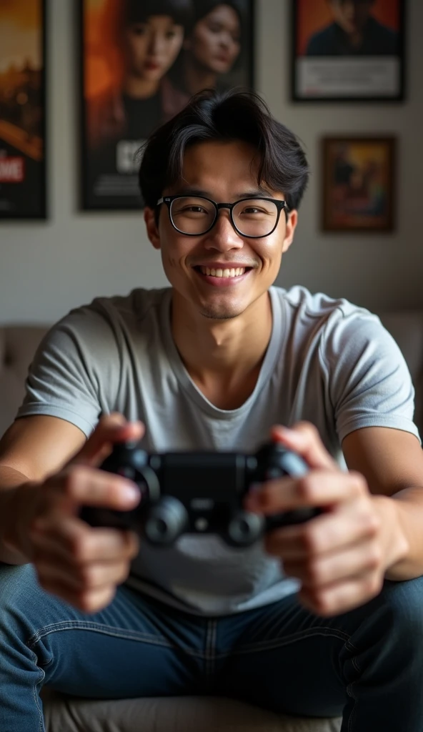 photorealistic, best quality, masterpiece, extremely detailed, ((side view)), 30 year old athletic vietnamese man, no facial hair, glasses, wearing 8bit graphic tshirt, one hand holds out a video game console controller towards camera, looking at camera, smile, sitting on couch, in masculine bedroom, movie posters on the wall, extremely romantic atmosphere, perfect face, perfect fingers, perfect hands, perfection