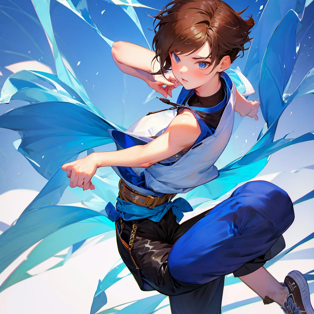 Japanese boy with short brown hair.
blue colored eyes. Silver medallion. Blue shirt over black sleeveless tank top. White pants and blue belt. blue sneakers.