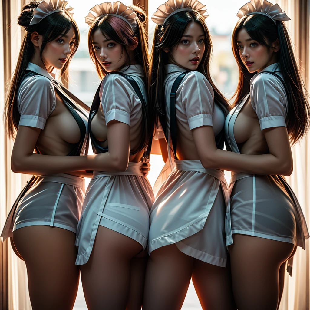 (Full Body of Extremely Detailed((Sexy Maid Group in a row:1.37))), KAWAII perfect face, Reflective Eyes, Detailed(Delicate Clothing textures), Correct Leg Line, Dynamic Joyful Expressions LifeLike Rendering, Specular Reflection, TopQuality 8K Ultra-detailed masterpiece (ProfessionalPhoto:1.37), (Acutance:0.8), (Luminism:1.28), Renaissance art style, Colorful Light particles, ((Full body from side)), {MicroMini Skirt|Kissing|Breast Lifting|Undressing|Thigh Gap|AssFocus|(NakedApron with Overflowing SideBoob)}, Radiant Fine Skin with Transparency, (Exposed:0.33), (Different types of Anime hair color){Pink Hair|Blue Hair|Platinum Blonde|Pure White Hair|Liquid Hair}, Perfect Lighting