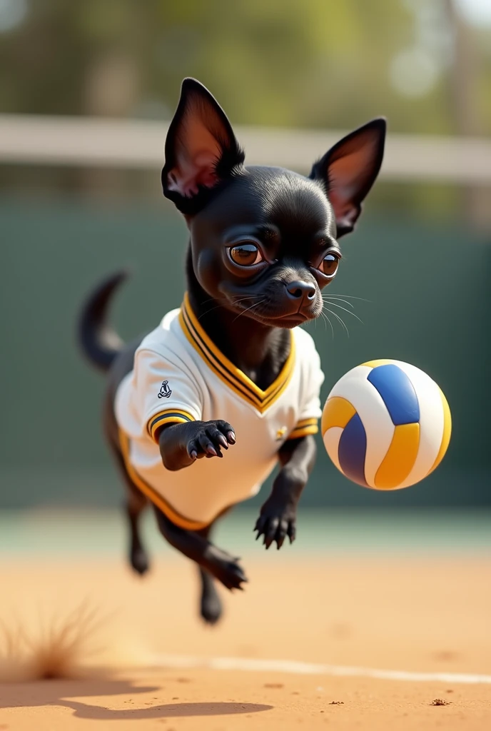 A black chihuahua playing volleyball wearing a white shirt with gold accents.