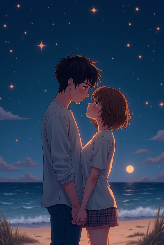 a brown-haired girl with short hair and hazel eyes, at your side, a dark-haired boy with brown eyes, holding hands on a beach landscape at night with bright stars 