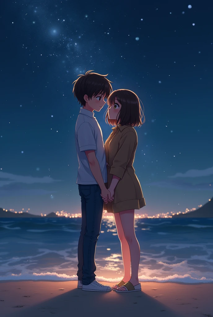 a brown-haired girl with short hair and hazel eyes, at your side, a dark-haired boy with brown eyes, holding hands on a beach landscape at night with bright stars