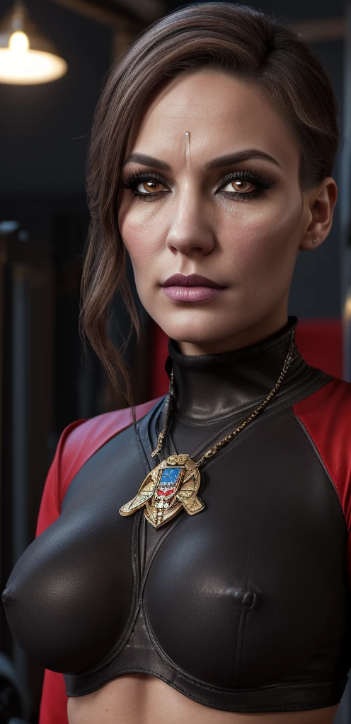 A busty and alluring adepta sororitas wearing a slimfit sport suite, posing at the royal palace gym, realistic, professional portrait photography, masterpiece, ultra-detailed, 8k, high quality, dramatic lighting, vivid colors, beautiful detailed eyes, beautiful detailed lips, extremely detailed face, long eyelashes, intricate details, cinematic composition