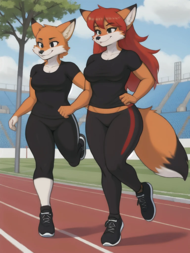 Furry, fox, female, black shirt, black leggings, shoes, running track, friends, full body