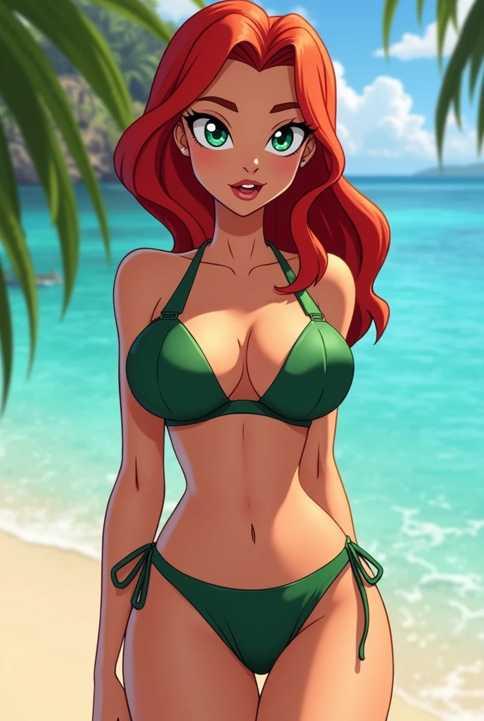 Make Gwen Tennyson from Ben 10 in a more adult version, in a bikini with bigger breasts 