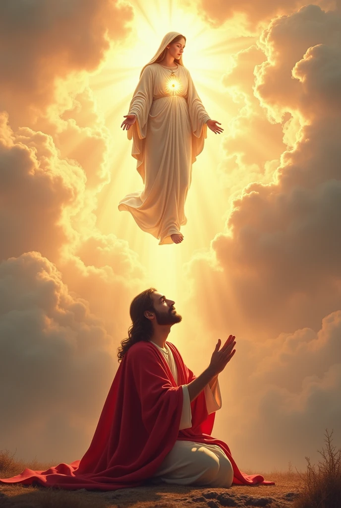 (photorealism:1.2), Crying Jesus Christ, kneel praying under the foot of virgin Mary floating from the heaven that sorrounded of many clouds, wearing red king clothes with light in his head and heart spreading all over, real five finger, real feet, real beautiful hair, real image, heaven outdoors, bright lighting, clouds in background, beautiful light, real heaven and clouds, relaxed pose, realistic, intricate details, bright colors,