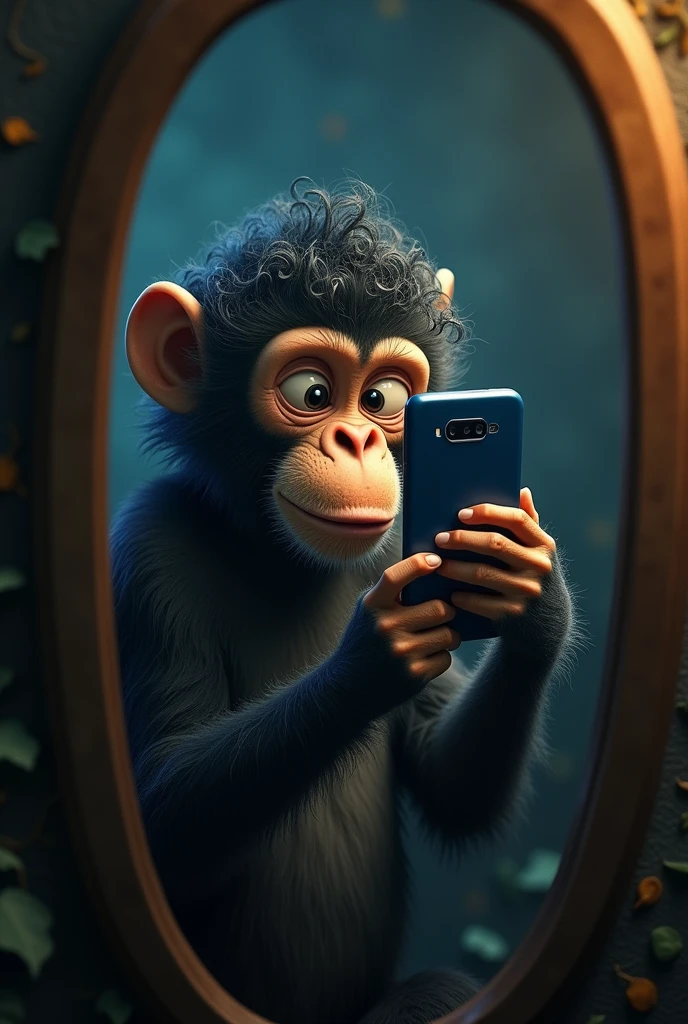 A monkey with curly human hair taking a selfie in the mirror with a dark blue phone.