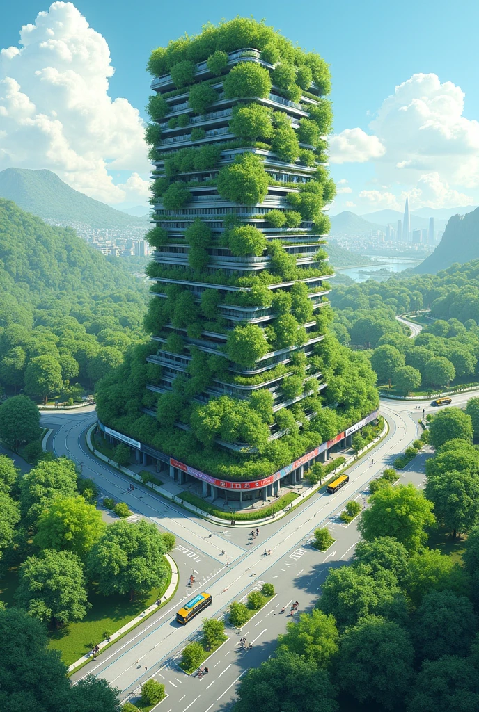 Make me an illustration of colored drawing for my project. The topic is "what you think is our future environment?" I like you to create a balanced environment where there's a trees, plants, a good environment, with a building ( with greens with it just like in the Singapore ), roads, a sustainable transportation that doesn't destroy the environment.