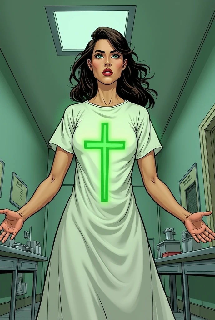 Can you make a Brazilian superheroine with healing powers who works in a hospital? (that it looks like an old comic)
in a hospital gown with a green cross