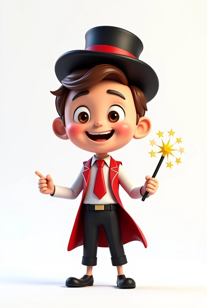 A happy and cute person with short brown hair, wearing a magician's outfit consisting of a white shirt, a red tie, a pair of black pants, shoes black, a black top hat with a red band on his head and a magic wand in his hand, white background, Pixar-style, 3d, Cartoon s, face detailed, asymmetric