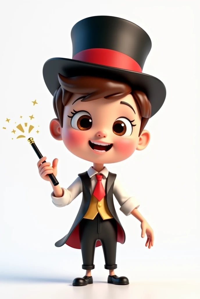 A happy and cute person with short brown hair, wearing a magician's outfit consisting of a white shirt, a red tie, a pair of black pants, shoes black, a black top hat with a red band on his head and a magic wand in his hand, white background, Pixar-style, 3d, Cartoon s, face detailed, asymmetric