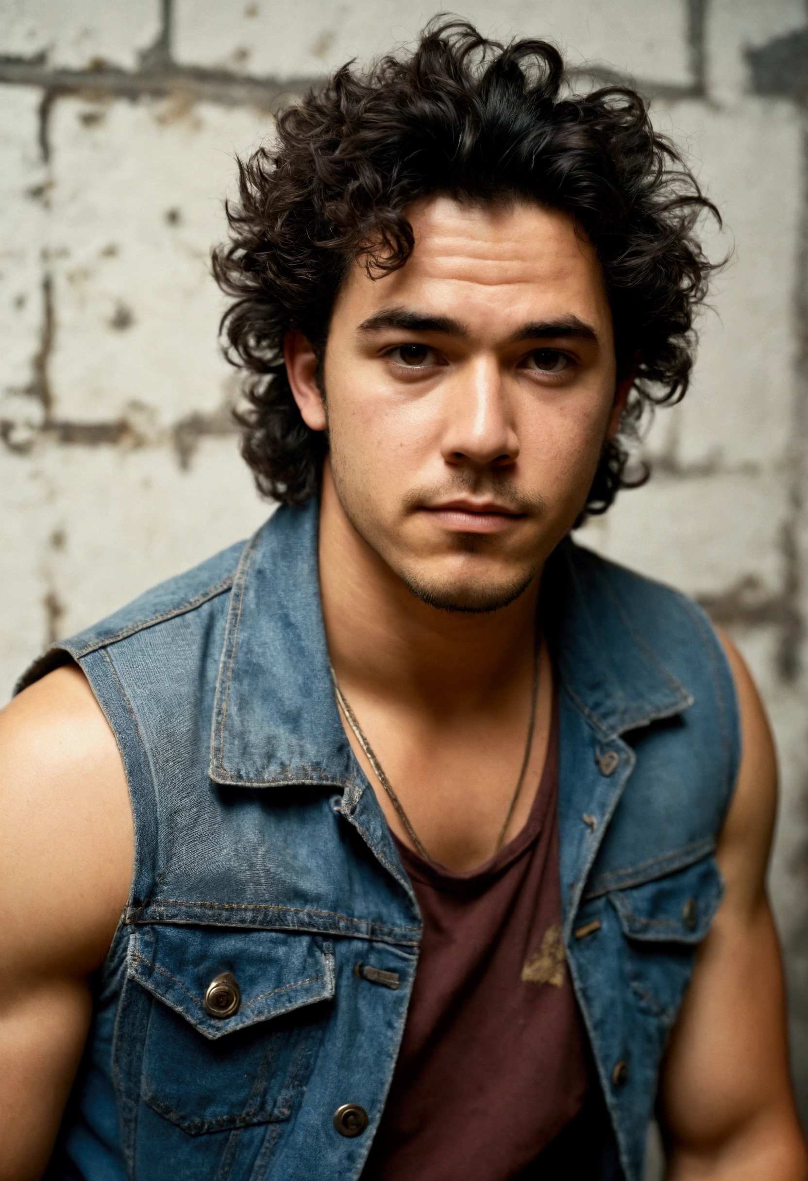 analog film photo, photo of a punk, 25 years old, male, brown eyes, short dark curls, tan complexion, soft facial features, medium height, broad shoulders, stocky physique, slightly chubby, lots of body hair, hairy chest, hairy arms, wearing a denim vest and ripped jeans, posing in an industrial loft, resembles Dean Cain, RAW Photograph, dslr, soft lighting, high quality, film grain, Fujifilm XT3, detailed skin with visible pores, insane details, masterpiece, 8k, 35mm photograph, dslr, kodachrome, faded film, desaturated, grainy, vintage, Lomography, stained, highly detailed, found footage, full-body shot