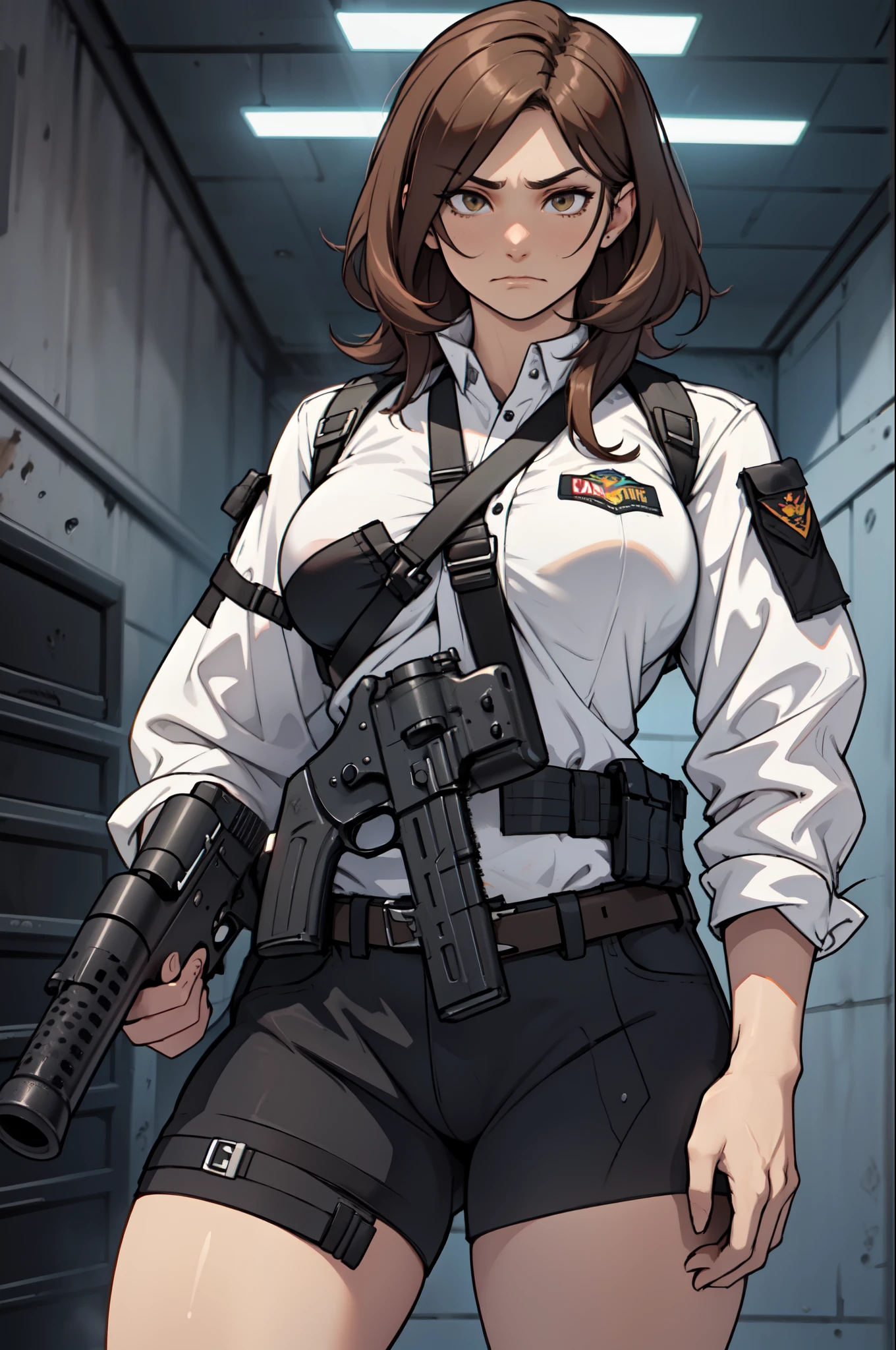 brown hair hazel eyes solo muscular girl toned body perky breasts empty eyes frown thick pale skin shooting range weapon gun firearm tactical gear shooting range weapon gun firearm tactical gear shooting range weapon gun firearm tactical gear 