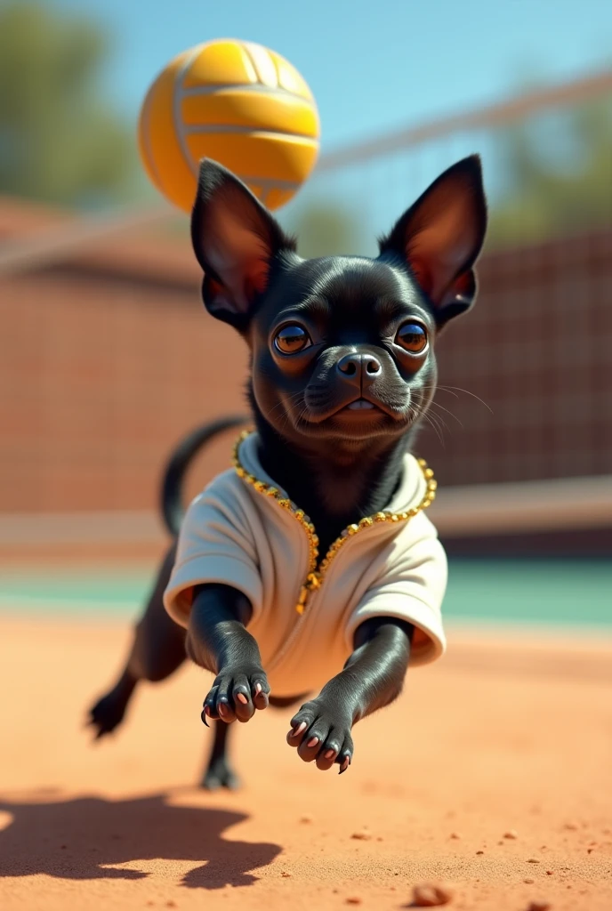 A black chihuahua playing volleyball wearing a white shirt with gold accents and a black shirt with gold accents. 