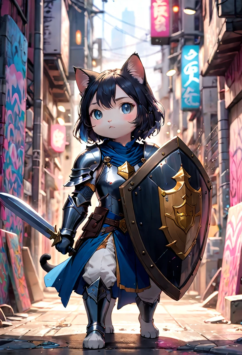 Manga illustration，cat knight，Giant Shield, So cute, color (((Graffiti art) (By Karen Griffiths))), Crazy Details, Intricate details, Super Details, Soft, cinematic lighting, Exposure Blending, 8K resolution, Foreground color saturation