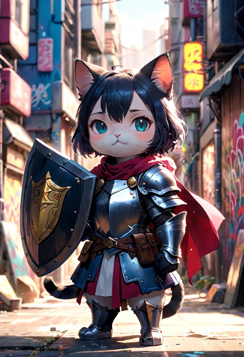 Manga illustration,cat knight,Giant Shield, So cute, color (((Graffiti art) (By Karen Griffiths))), Crazy Details, Intricate details, Super Details, Soft, cinematic lighting, Exposure Blending, 8K resolution, Foreground color saturation