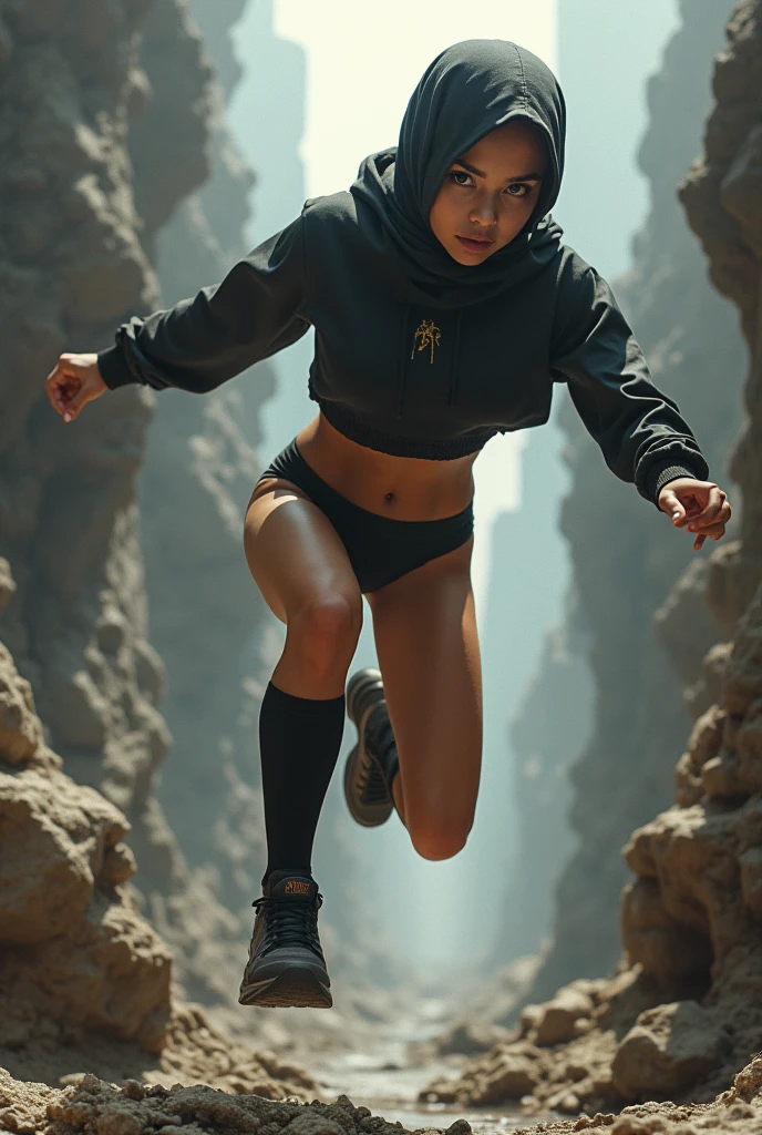 Set the scene in a gritty, stone environment. The Malay girl, adorned in a sporty hijab and black lingerie, engages in an exhilarating parkour challenge, leaping between platforms, vaulting over obstacles, and showcasing her agility. Capture the raw energy and determination in her expression