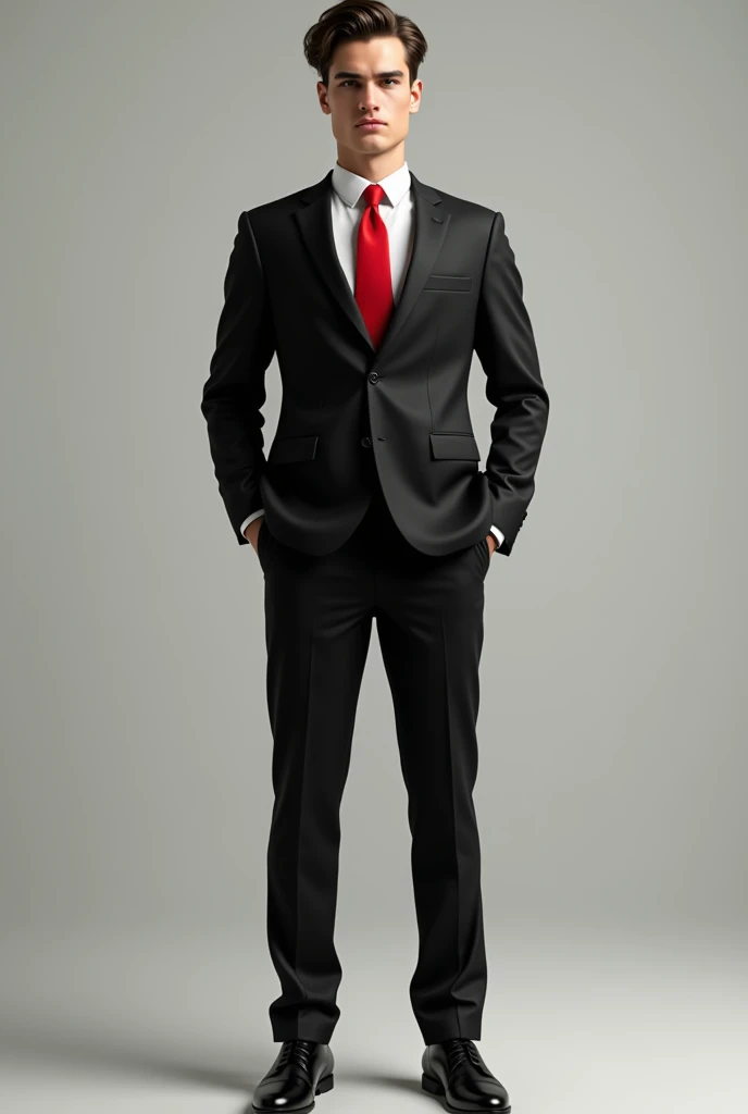 Young man in a black three-piece suit, white shirt, red tie, full body view 