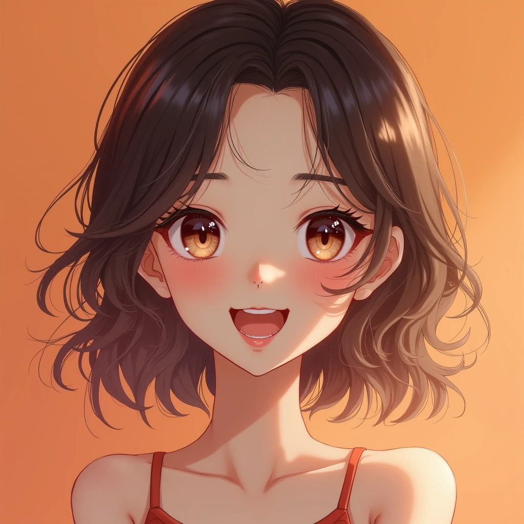 ((masterpiece)), ((best quality)), (portrait of beautiful girl), perfect detailed eyes, perfect detailed face, ultra-detailed nose, open mouthbeautiful girl), perfect detailed eyes, perfect detailed face, ultra-detailed nose, open mouth, radom color shorts, perfect teeth, bare shoulders, charming, perfect face, dimple on cheek, depth of field, highres, ((real skin texture)), (well-proportionedu hands), thin lips, random color hair, floating multicolored hair, thin waist, orange pastel background