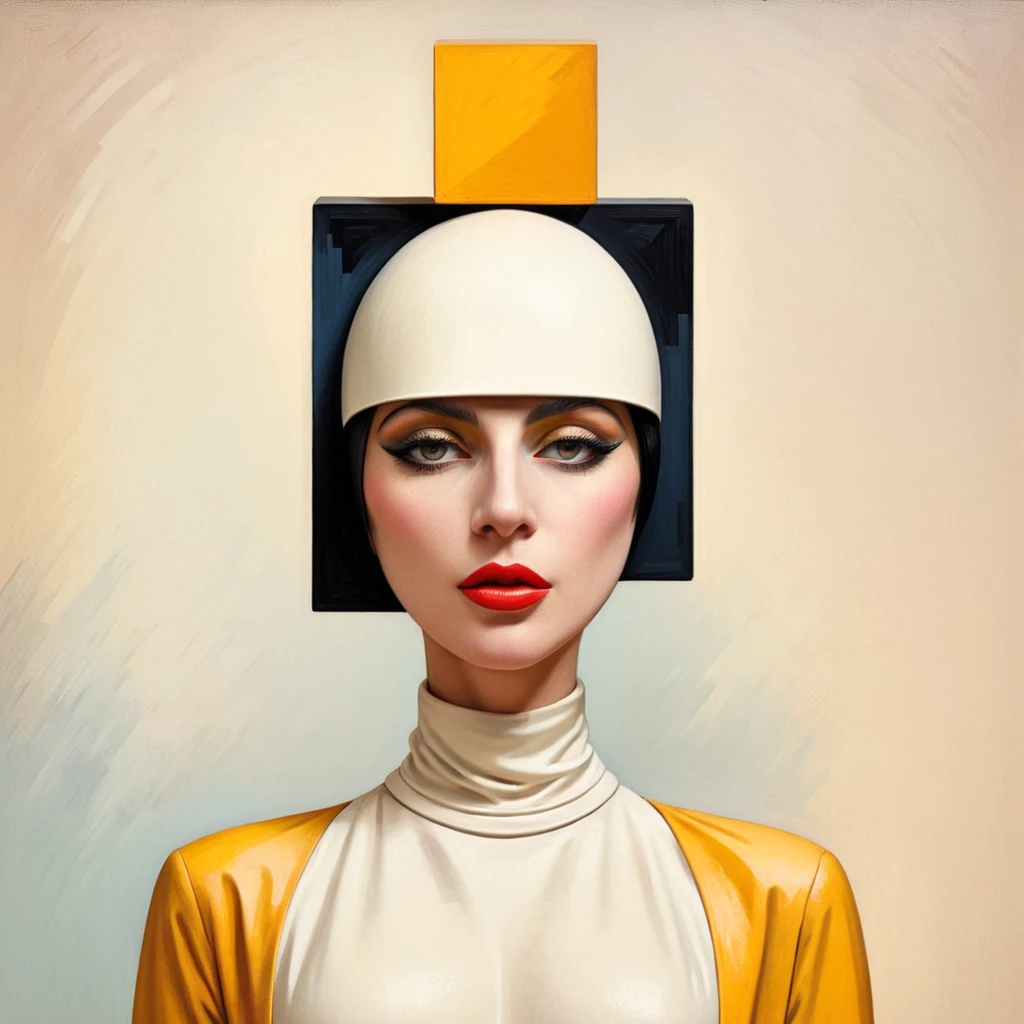 Cubist artwork in the style of kazimir malevich, kazimir malevich style, kazimir malevich art, kazimir malevich trend on behance 3 d art, stylized portrait formal pose, geometric 3d render, high quality artwork, dan mumford tom bagshaw, 2d illustration, by Adam Chmielowski, covered eyes, 2016, art deco painting, pj crook, incredible digital art,  a painting of Lady Gaga with a square in her head, stefan koidl, and yellow color scheme, 1956 . Geometric shapes, abstract, innovative, revolutionary