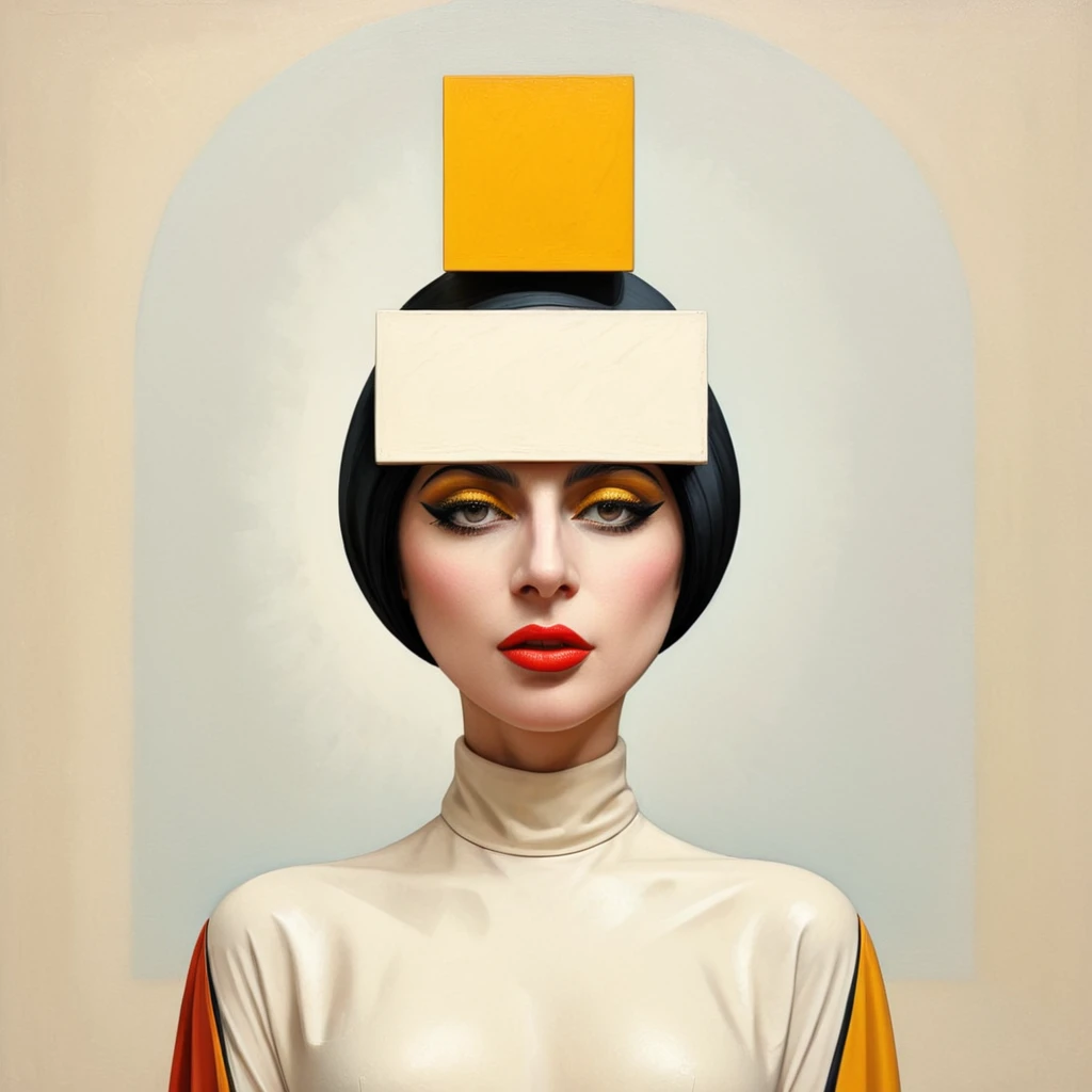 Cubist artwork in the style of kazimir malevich, kazimir malevich style, kazimir malevich art, kazimir malevich trend on behance 3 d art, stylized portrait formal pose, geometric 3d render, high quality artwork, dan mumford tom bagshaw, 2d illustration, by Adam Chmielowski, covered eyes, 2016, art deco painting, pj crook, incredible digital art,  a painting of Lady Gaga with a square in her head, stefan koidl, and yellow color scheme, 1956 . Geometric shapes, abstract, innovative, revolutionary