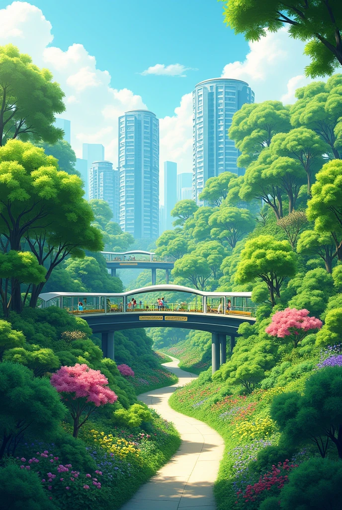 Make me a landscape illustration of colored drawing for my project. The topic is "what you think is our future environment?" I like you to create a balanced environment where there's a trees, plants, a good environment, with a building ( with greens with it just like in the Singapore ), roads, a sustainable transportation that doesn't destroy the environment.