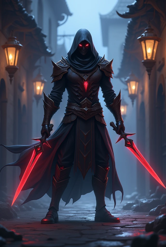 Generate an image of the Shadowblade Rogue hero from Mobile Legends. The character has a slender, agile build, dressed in dark, lightweight armor that blends into the shadows. Their face is partially hidden by a hood and mask, revealing only glowing red eyes. The hero wields dual daggers with a faint, poisonous glow, and their armor is adorned with intricate patterns visible under certain angles of light. The background should depict a dark, shadowy alley in a medieval-inspired city, with faint lantern light and long shadows from nearby buildings