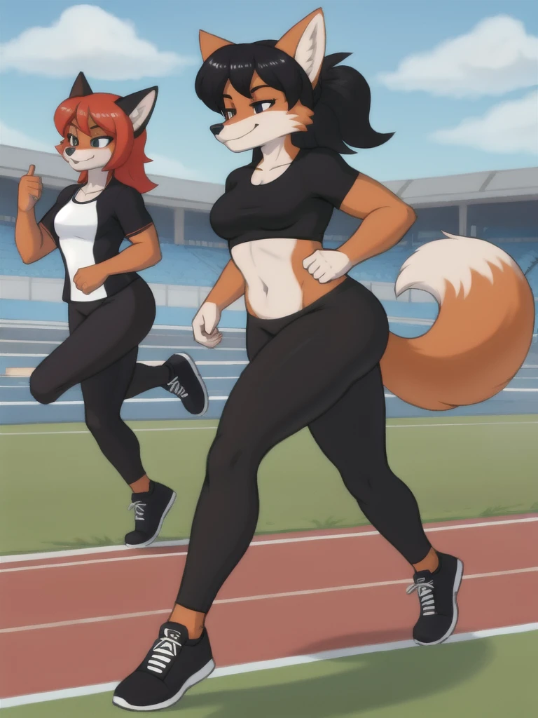 Furry, fox, female, black shirt, black leggings, shoes, running track, friends, full body