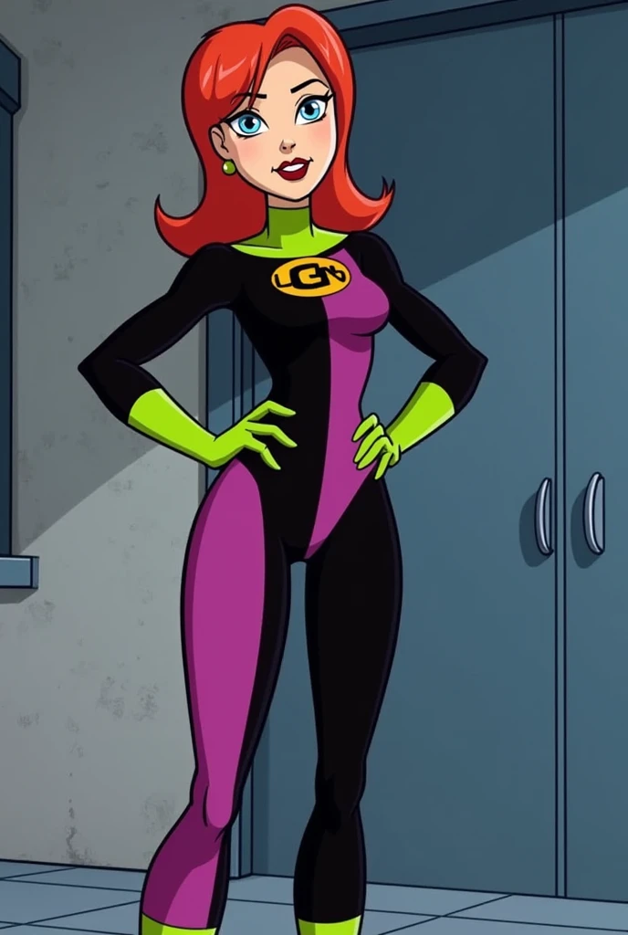 sam, totally spies, orange hair, green eyes, green catsuit, ripped clothes, skinny, shocked, open mouth, pussy, blushing, standing, looking down at herself