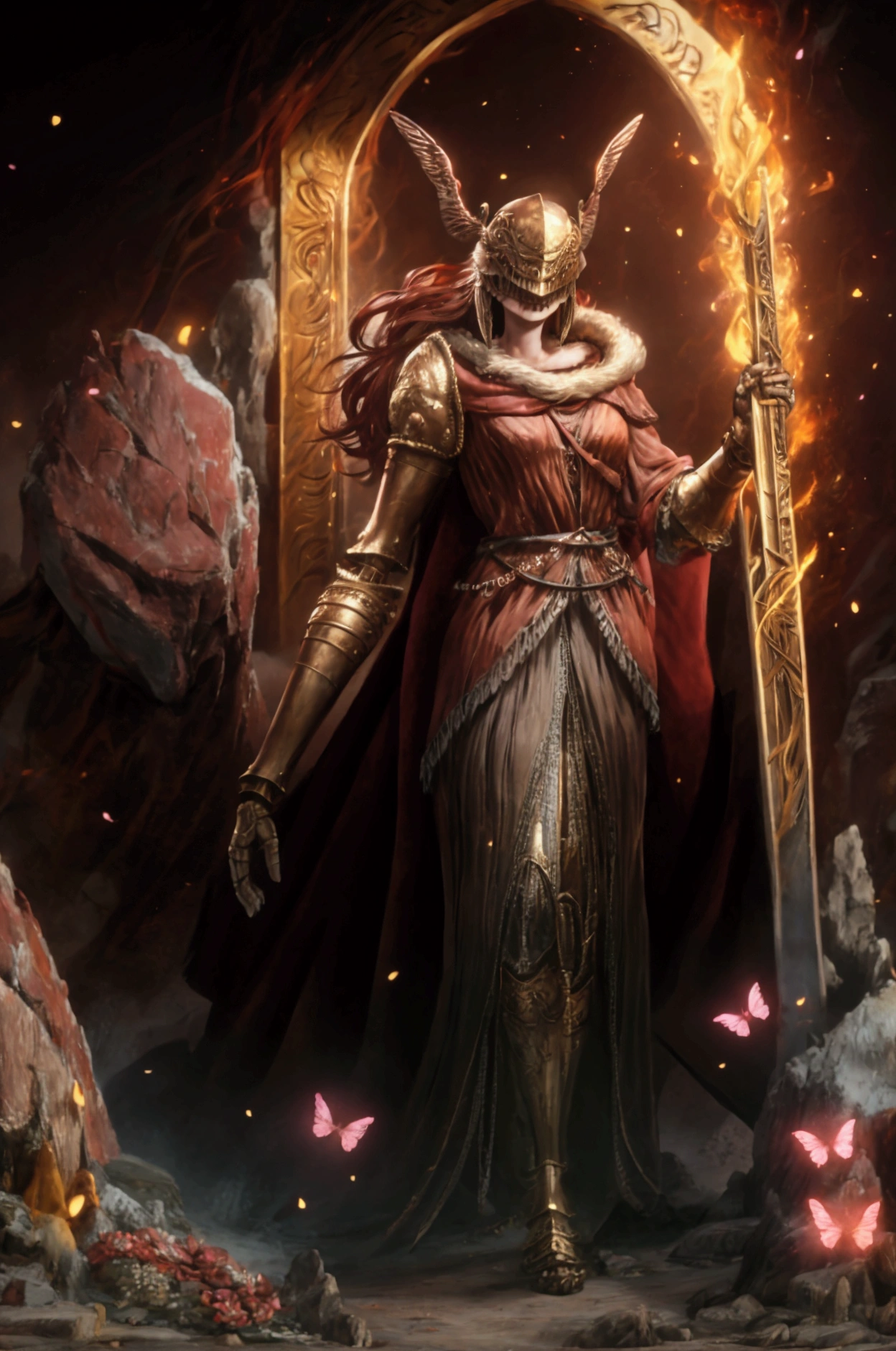 wide shot,score_9, score_7_up, lap pillow, lying, standing, approach the camera slowly,
Malenia, cursed_left_arm,
winged helmet,
red cape,
right hand grip malenia_blade,
covered eyesarmor, cape, winged helmet, brown dress, red hair, covered eyes, helmet, fur trim, brown dress, red cape, armor, single scar on arm, single mechanical arm, LetMeSoloHer, pot helmet, topless male, 1boy, covered face,dw01-3400, Rotten earth, An unusual amount of red and pink butterflies are flying around her.