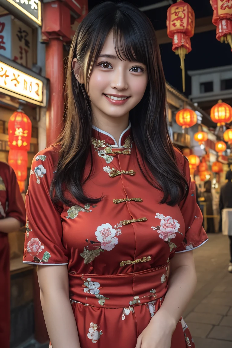 (8k, RAW Photos,Highest quality, High resolution:1.1), (Ultra-realistic:1.4),(Realistic, Realistic:1.3),The Beauty of Japan、((smile:1.3))、Yokohama(Chinatown:1.4)、China dress