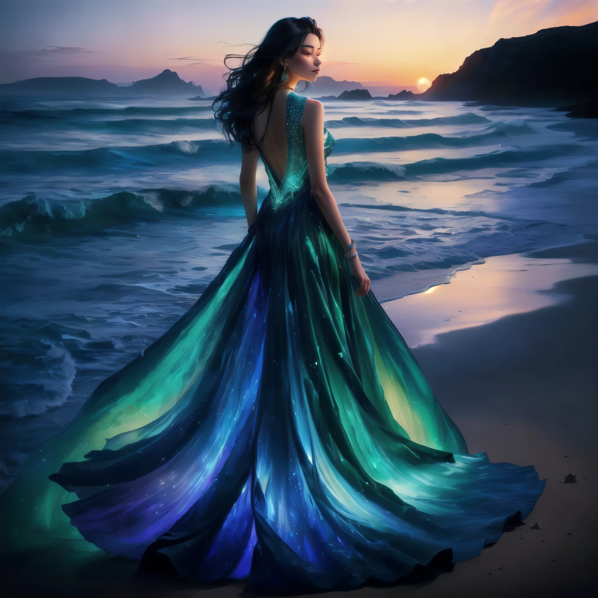 Above view of young Asian woman with luminescent aura spinning vortex-like on a serene dusk beach, long black hair flowing like a spectral aura, her back to vibrant sunset, wearing an elaborate gown with iridescent, colorful bright neon blue-green hues, shimmering fabric resembling liquefied light, intricate swirling patterns weaving through garment like aurora borealis, glowing colorful flowers, leaves, and tendrils overflowing onto luminous sand, as if reality's fabric ripples, her presence immersed in radiating magical aura, colors blending, hues merging, reality and fantasy boundaries dissolving, neon lights dancing across scenery, warm golden light bathing her, amidst fusion of Shinkai's ethereal landscapes, Stalenhag's opulent textures, and Loish's intricate glow, cinematic atmosphere evoking epic, stunning, intricate, meticulously detailed, dramatic, atmospheric, maximalist digital matte painting
