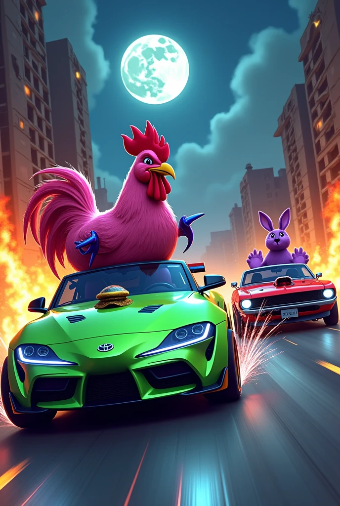 A pink rooster with blue legs and a golden beak riding a green convertible Supra in a race with a purple rabbit riding a red convertible Dodge Challenger. In the background, there are three destroyed buildings on fire at night with a full moon..