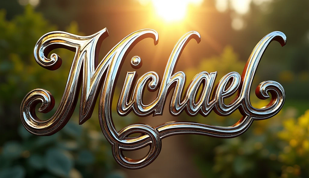 (text:"Michael") The word, sunlit text face, in Art Nouveau fancy script text in shiny highly polished silver chrome and coloured glass reflecting a tropical garden, heavy metal art nouveau flowing shapes and flourishes, front face view on open background, highlights, lens flare, logo, badge, emblem, insignia, label, photorealistic, extremely detailed, beautiful, unique, epic, cinematic, sparkling, creative, artistic, artisan, expert, finesse,