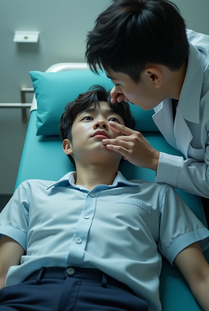 young man lying on a stretcher, receiving therapy . young man dressed in a school uniform. therapist holding a blunt forceps