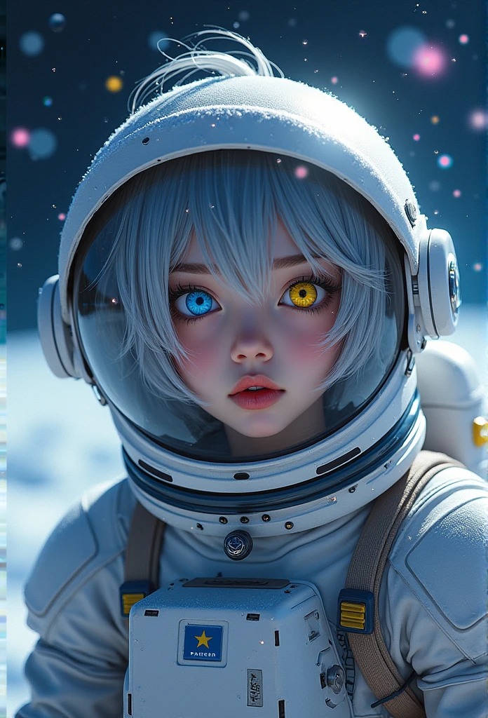 (A masterpiece of better quality when viewed close-up.:1.5)0.9], (space and astronauts:1.2) (messy silver hair:1.1) (Yellow and blue eyes with heterochromia:1.2) (space helmet:1.0) (colored stars in the snow:1.0) (shining light:1.1) (big lips:0.9)